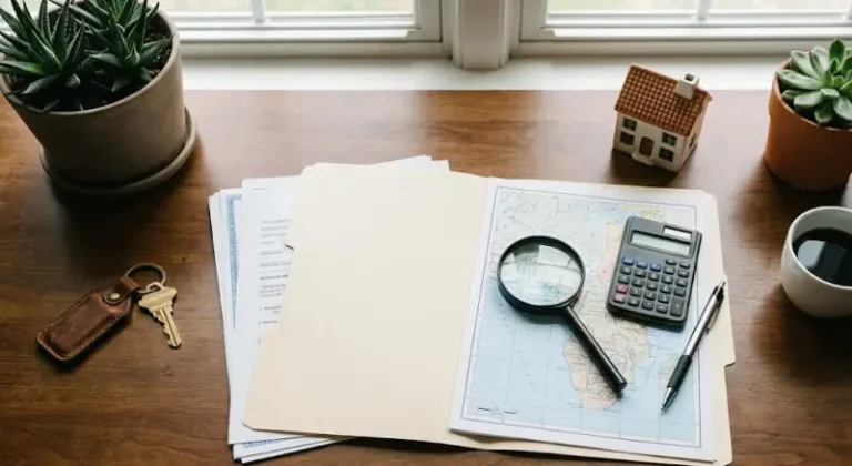 미국 주택 구입 준비를 위한 문서, 계산기, 열쇠, 돋보기 등이 놓인 책상 모습.