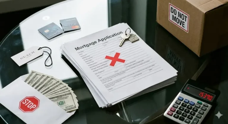 미국 모기지 신청 시 절대 하지 말아야 할 7가지 실수: 신규 신용카드 개설, 대규모 현금 입금, 이직 등 대출 거절 사유를 시각화한 이미지