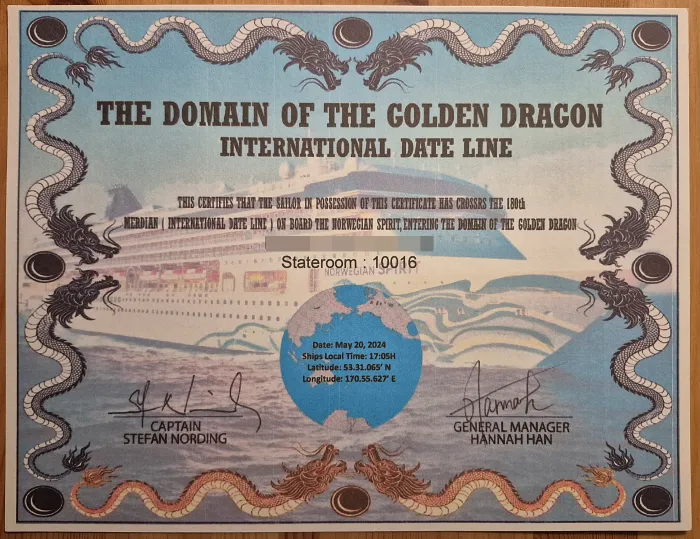 태평양 횡단 크루즈 날짜변경선 통과 증서